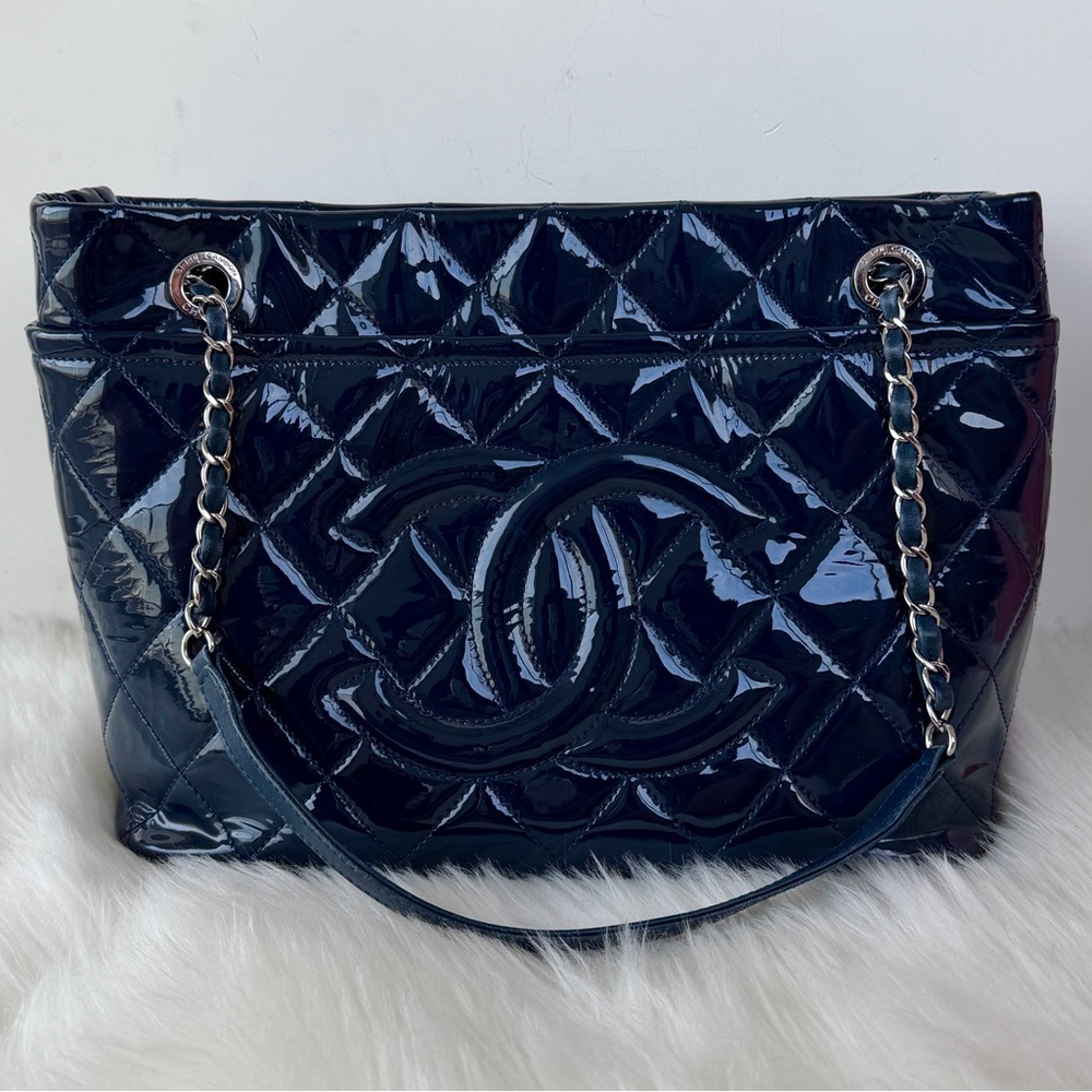 Chanel Navy Blue Quilted Patent Leather Medium Timeless Shopper Tote